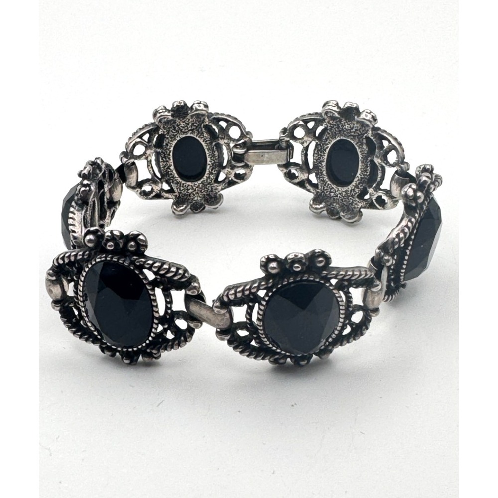 Vintage Gothic Bracelet Victorian Revival Black Stone Openwork Panel Link 7"